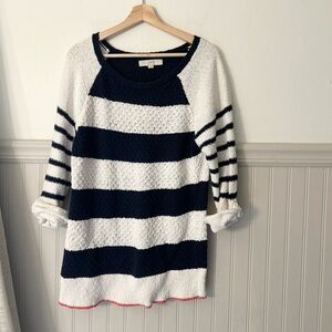 LOFT Large Navy & White Striped Bouclé Cotton Knit Rolled Sleeve Sweater